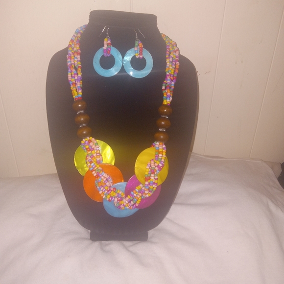 Vintage 80s Multicolor Necklace Earrings Colorful Chunky Beaded necklace twisted - Picture 8 of 8